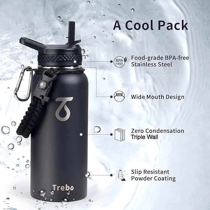 Trebo 32 oz Water Bottle Insulated with Lid and Straw,Triple Wall Vacuum Stainless Steel Metal Tumbler Sports Flask with Paracord Handle, Keep Hot 24 Hours & Cold 48 Hours Water Cup with 3 Lids, Black