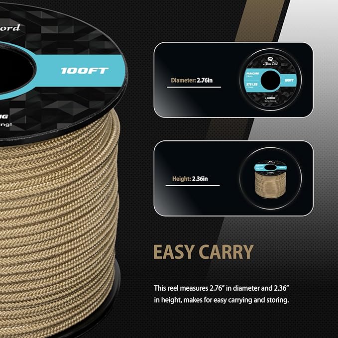Abma Cord 2.4mm Paracord 275 100ft Nylon Rope 4 Strands Tactical Parachute Cord - Max. 275lbs - Tan