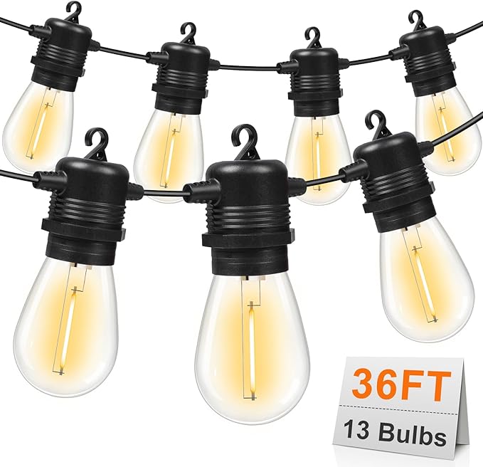 GvvooHome LED Outdoor String Lights 36FT Patio Lights with 13 Shatterproof S14 Replaceable Bulbs(1 Spare), Outside Hanging Lights Waterproof for Porch, Deck, Garden, Backyard, Balcony, 2700K Dimmable