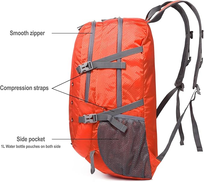 Lightweight Foldable Hiking Backpack 40L, Ripstop Nylon Packable Travel Daypack, Collapsible Backpack For Traveling Hiking Camping Touring(Orange)