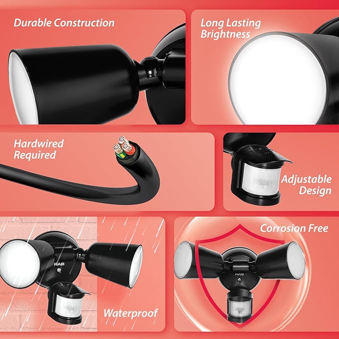 RAB Lighting LU160 Luminator Motion Sensor Outdoor Lights - Flood Light for Security, Outside Dusk to Dawn Photocell, 3000k–5000k Tunable, IP65 Weatherproof Rating, 160°Coverage, 50 Ft Range (Black)