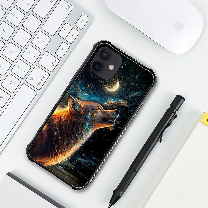 for iPhone 12/12 Pro Case, Star Cave Hungry Wolf Pattern Graphic Design Girl Boy Soft Silicone Hard Acrylic Shock Protection for iPhone 12/12 Pro