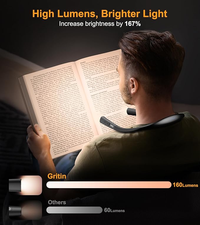 Gritin Book Light, Eye Caring 4-Color & 5-Brightness Neck Light Reading Light- Stepless Dimming,30-min Timer,80+ Hrs Runtime,Bendable Round Neck Design, Lightweight for Reading-Black