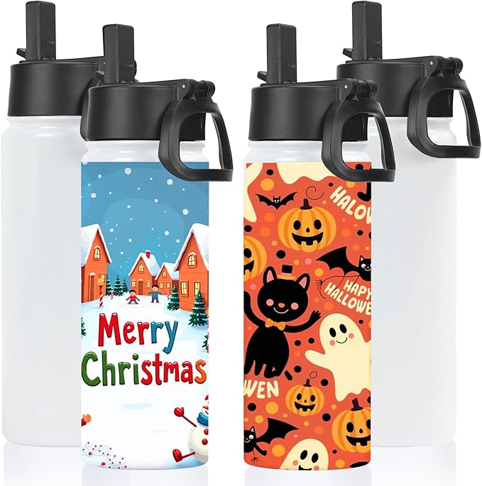 Volhoply 18oz Insulated Water Bottle Bulk 4 Pack,Kids Stainless Steel Water Bottles with Straw Lid,Wide Mouth Reusable Metal Bottle,Double Wall Vacuum Sports Flask For Cold Drink(Sublimation,4 Set)