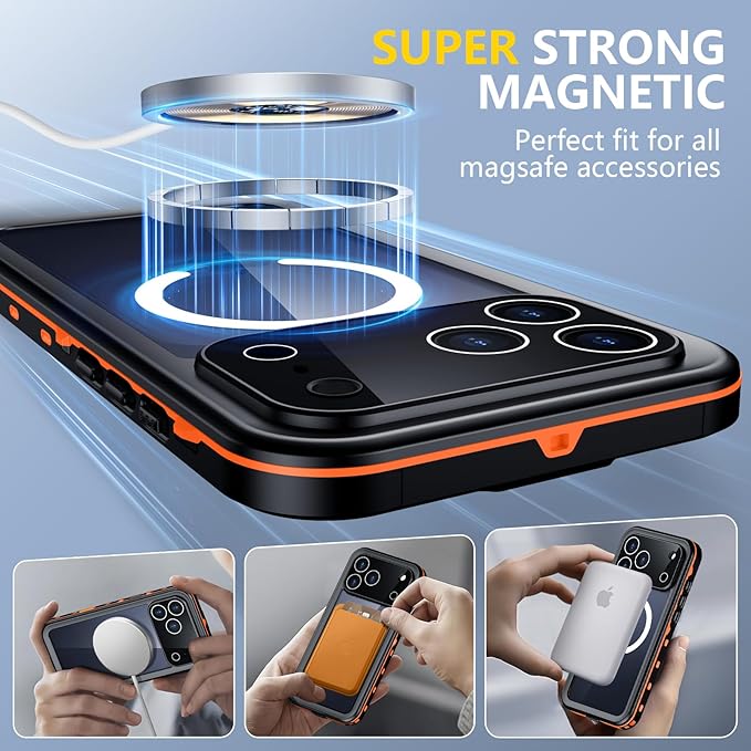 Red2Fire for iPhone 17 Pro Case Waterproof, [Built-in Screen Protector & Camera Protector][Compatible with MagSafe][Full Body Shockproof][IP68 Waterproof][Dustproof] Phone Case 6.3" Orange/Clear
