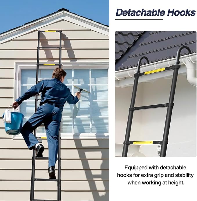 BOCOM 14.5 FT Aluminum Telescoping Ladder with Hooks, Lightweight Multi-Purpose Collapsible Extension with 2 Triangle Stabilizers, Heavy Duty 330 lbs Max Capacity for Home, RV, and Outdoor Work Black