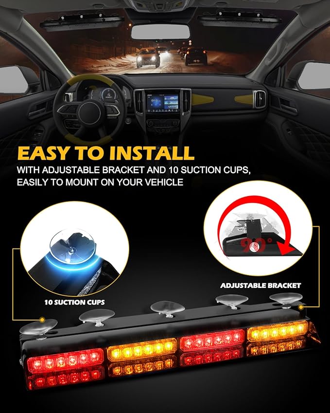 HLauto 604N Emergency Dash Strobe Lights: 2x16.8 inch Amber Red Security Light w/Take Down, 48 LED Safety Flashing Warning Hazard Interior Windshield Light Bar for Trucks Vehicles