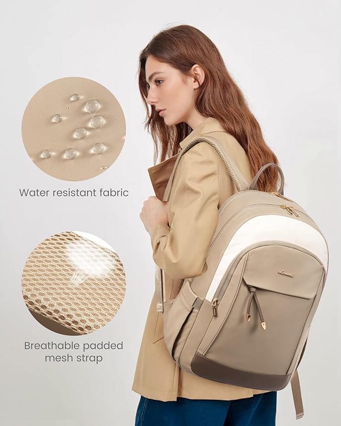 LOVEVOOK Laptop Backpack for Women, 15.6 inch Waterproof College Backpack Woman with Laptop Compartment Computer Bag Travel Backpack Purse, Large Black Computer Daypack for Work Casual, Beige Khaki