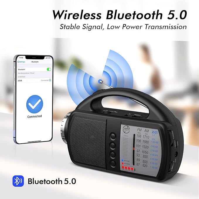AM FM NOAA Weather Radio,Portable Emergency Radio with Flashlight, Bluetooth 5.0, USB, AUX in Powered by Built-in Rechargeable Battery or 4 AA Battery for Home Indoor Black