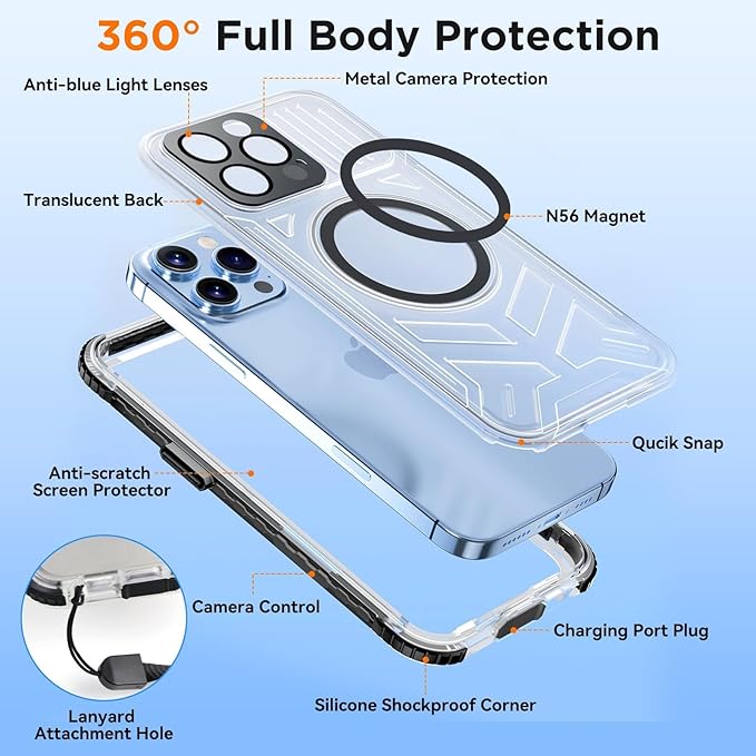 WIFORT for iPhone 15 Pro Waterproof Case, [IP68 Underwater Dustproof][Built-in Screen][15FT Military Shockproof], 360 Full Body Sealed Protection Cover Magnetic Frosted Phone Case, 6.1" Black