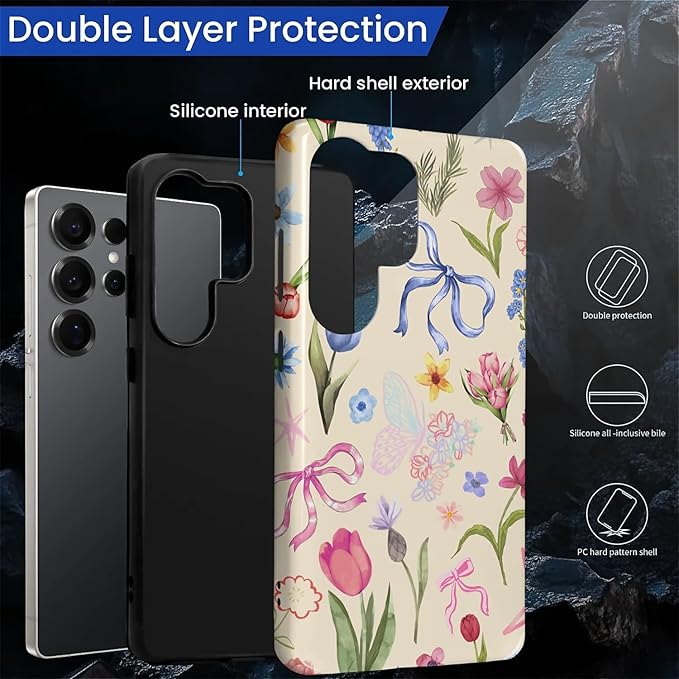 for Samsung Galaxy S25 Ultra Case,HL2 Aesthetic Flower Preppy Collage Hybrid 2 Layer Hard Shell Silicone Protective Pattern Design Case