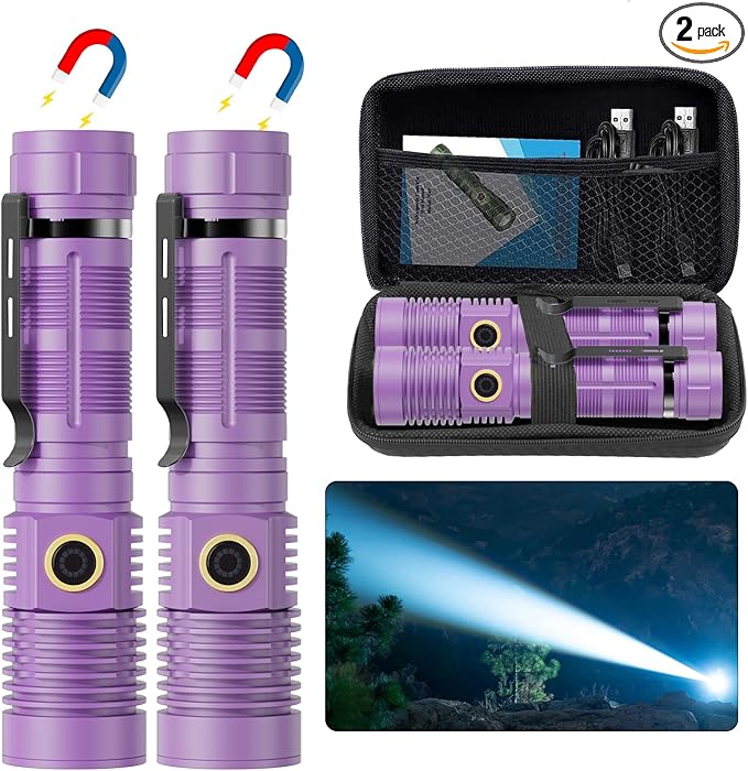 Hoxida Small Tactical Flashlights High Lumens - 1500 Meters Long Beam Super Bright LED Magnetic Flashlight USB Rechargeable Zoomable 5Modes Long Beam Spotlight Flashlight for Hiking, Camping-Purple