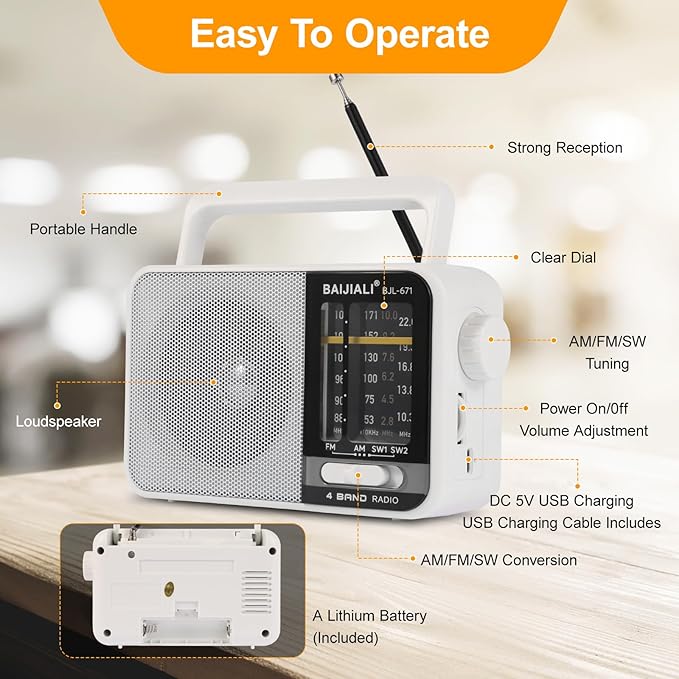 BAIJIALI AM FM SW Portable Radio - Dual Power (Battery/USB) Emergency Receiver with Loudspeaker, Transistor Design for Indoor/Outdoor, Travel & Survival Kit Ready (White, BJL-671)