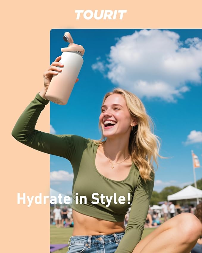 TOURIT 24 oz Insulated Water Bottle, Stainless Steel Sports Water Bottles With Top Handle, Double-Wall Travel Thermal Water Flask, BPA Free Leakproof Water Bottle for Sports and Travel,Khaki