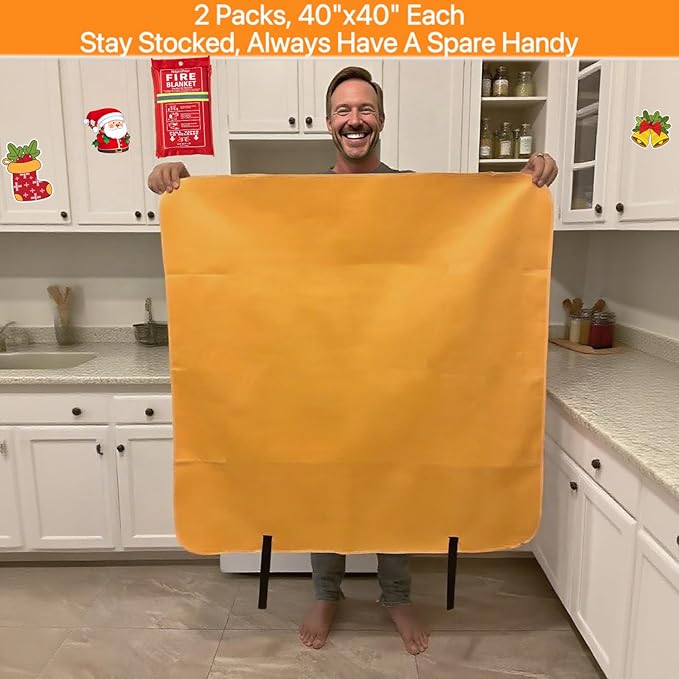Emergerncy Silicone Fire Blanket for Home and Kitchen, 2 Pack 40"x40" Skin-friendly Fireproof Blanket, Glow-in-the-dark, Fire Retardant Suppression Compatible with Extinguisher