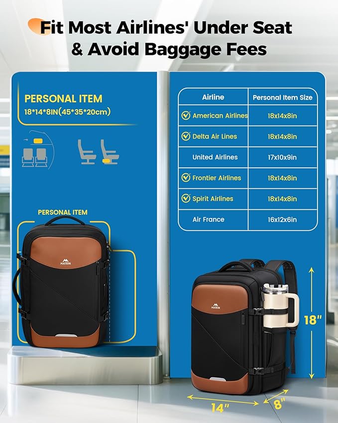MATEIN Spirit Airlines Personal Item Backpack 18x14x8 with USB C Port, Airline Approved Personal Item Travel Backpack Fits 17" Laptop, Waterproof TSA Underseat Luggage for Airplane with Tracker Pocket