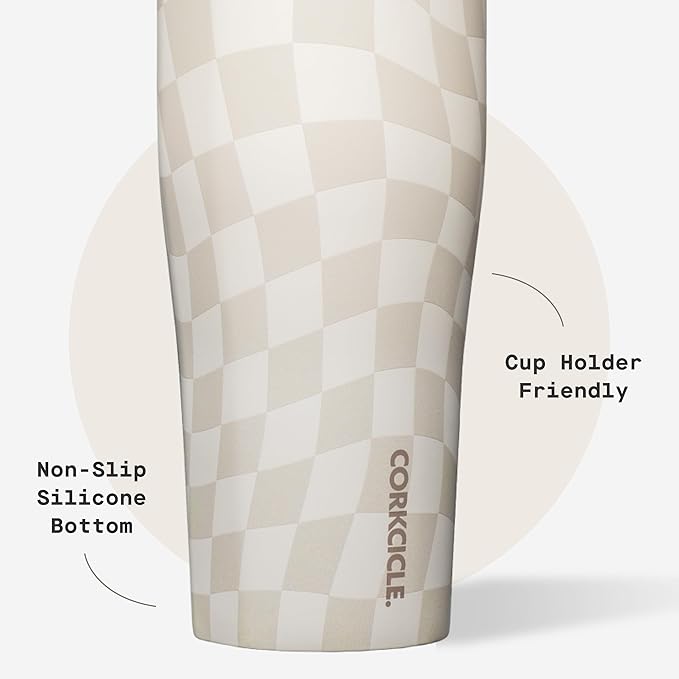 Corkcicle Go Cup XL - Leak-Proof Travel Tumbler - Triple Insulated Stainless Steel Water Bottle - Easy-Carry Handle - Summer Drinkware Gift - Keeps Drinks Ice Cold - 30 oz - Wavy Checkerboard
