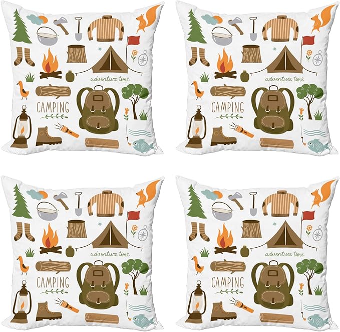 Ambesonne Adventure Throw Pillow Cushion Case Pack of 4, Camping Equipment Sleeping Bag Boots Campfire Shovel Hatchet Log Art Print, Modern Accent Double-Sided Digital Printing, 18", Cocoa