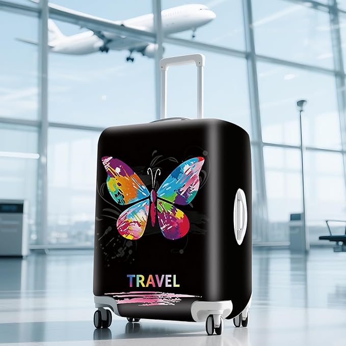 ANNA QUEEN Colorful Butterfly Travel Luggage Cover -Stretchable Airplane Suitcase Protector Sleeve,Universal Washable Fit for 28-30 Inch Checked Baggage,Water Resistant Durable Luggage Protector