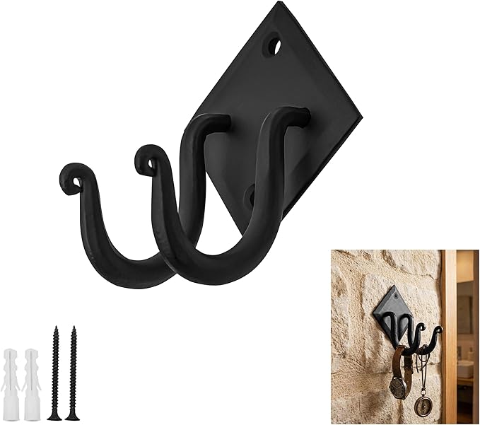 Mystic Colonial Rustic Hand Forged Iron Wall Hook with Two Hangers: Ideal for Victorian, Colonial, Retro, Steampunk, Gothic, and Baroque Settings 8.8 cm Black Pack of 1