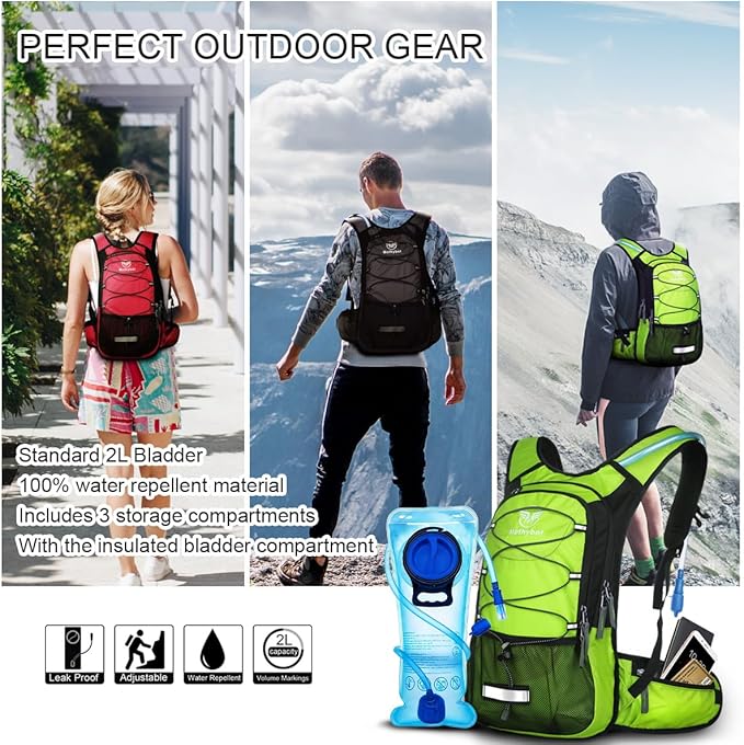 Mothybot Hydration Pack, Insulated Hydration Backpack with 2L BPA Free Water Bladder and Storage, Hiking Backpack for Men, Women, Kids for Running, Cycling, Camping - Keep Liquid Cool up to 5 Hours