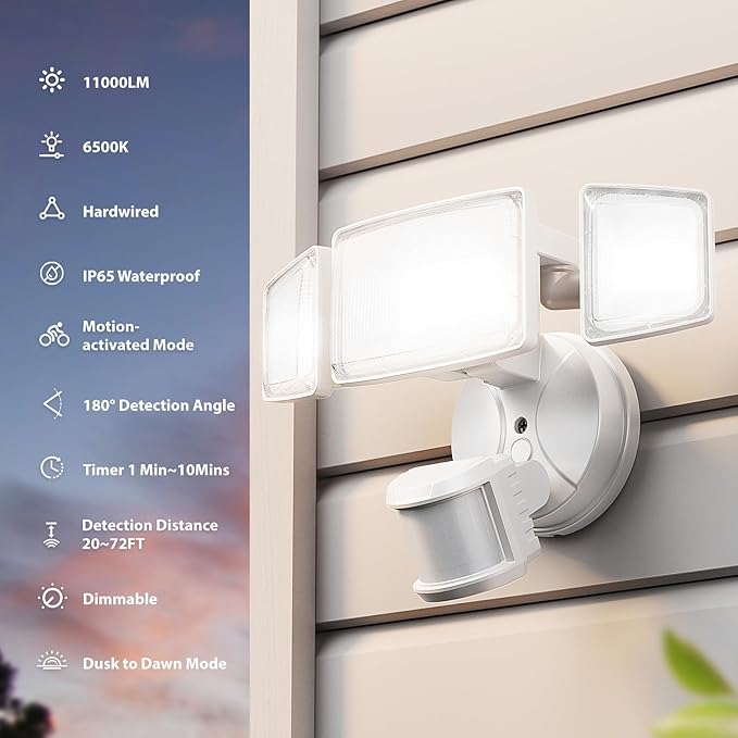 Onforu 100W LED Motion Sensor Outdoor Lights, Dusk to Dawn Flood Light Outdoor Motion Sensor, Hardwired Security Lights Floodlights Outside 11000LM 6500K Daylight IP65 Waterproof (White) (Pack of 2)