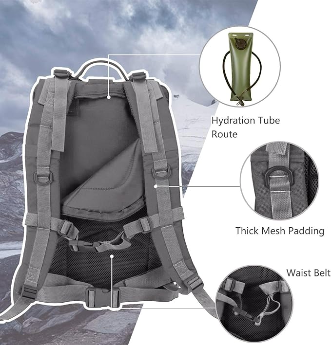 Hannibal Tactical MOLLE Assault Backpack, Tactical Backpack Military Army Camping Rucksack, 3-Day Pack Trip w/USA Flag Patch, D-Rings, Grey