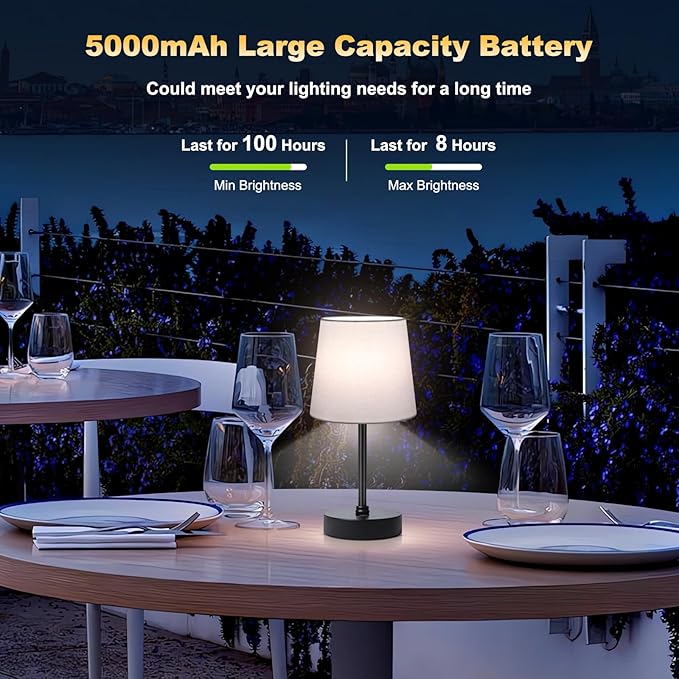 Wowag Cordless Table Lamp,5000mAh Rechargeable Battery Operated Desk Lamp,3Colors & 7 RGB Stepless Dimmable, Portable Small Touch Fabric Shade LED Night Light for Patio Restaurant Home(White)