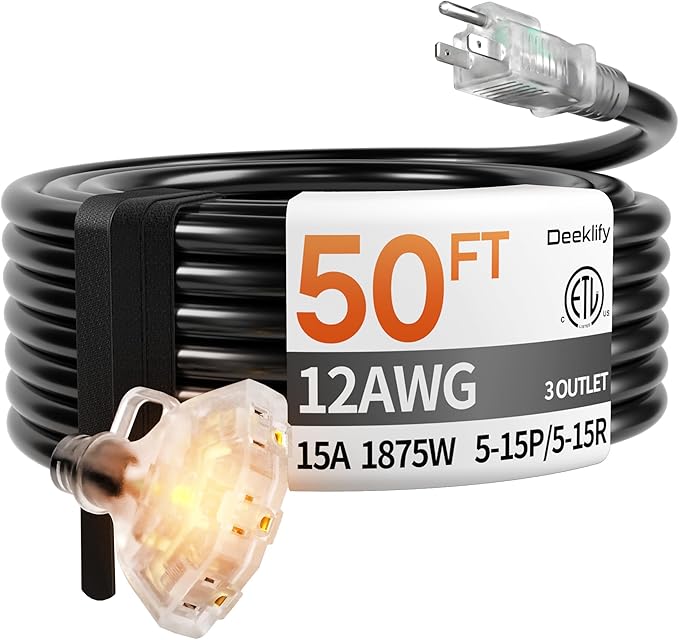 50 ft 12 Gauge Heavy Duty 3 Outlet Extension Cord Splitter with Indicator, Waterproof Outdoor Extension Cord with Multiple Outlets, 15A 1875W for Home & Workshop, ETL Listed, Black SJTW