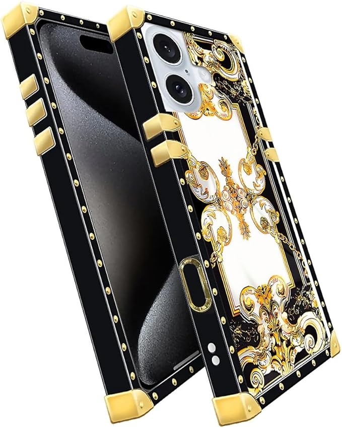 Compatible with iPhone 16 Plus Case, Gold Grain Flowers Luxury Golden Decoration for Girl Women Soft TPU Shockproof Protective Hard PC Back