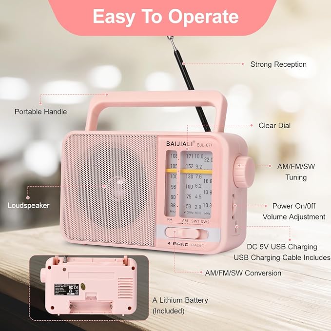 Portable AM/FM Transistor Radio with Loud Speaker, Battery or USB Powered - Compact Emergency Radio for Indoor, Outdoor, Travel & Storms (BJL-671, Pink)