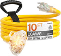 10 ft 10 Gauge Heavy Duty 3 Outlet Extension Cord Splitter with Indicator, Waterproof Outdoor Extension Cord with Multiple Outlets, 15A 1875W for Workshop, ETL Listed, Flexible Yellow SJTW