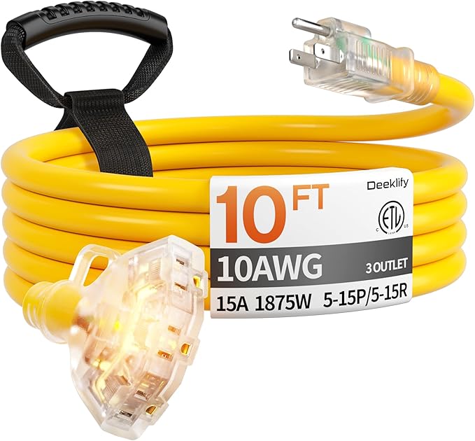 10 ft 10 Gauge Heavy Duty 3 Outlet Extension Cord Splitter with Indicator, Waterproof Outdoor Extension Cord with Multiple Outlets, 15A 1875W for Workshop, ETL Listed, Flexible Yellow SJTW