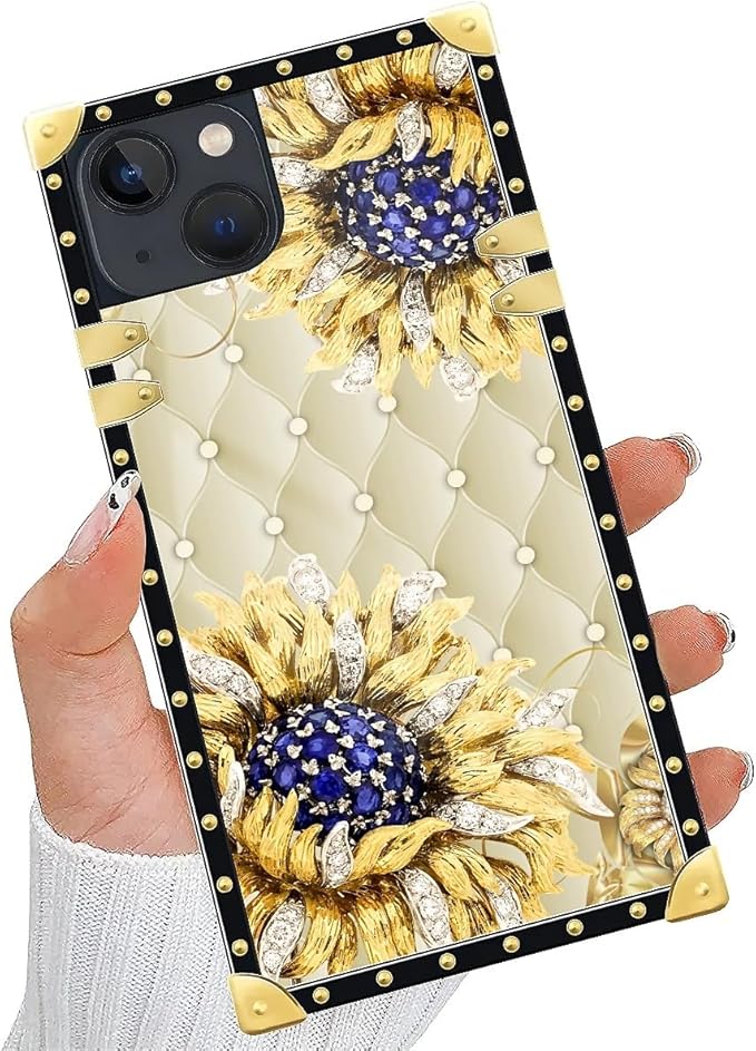 Compatible with iPhone 14 Case, Sunflower Diamonds Leather Luxury Golden Decoration for Girl Women Soft TPU Shockproof Protective Hard PC Back for iPhone 14