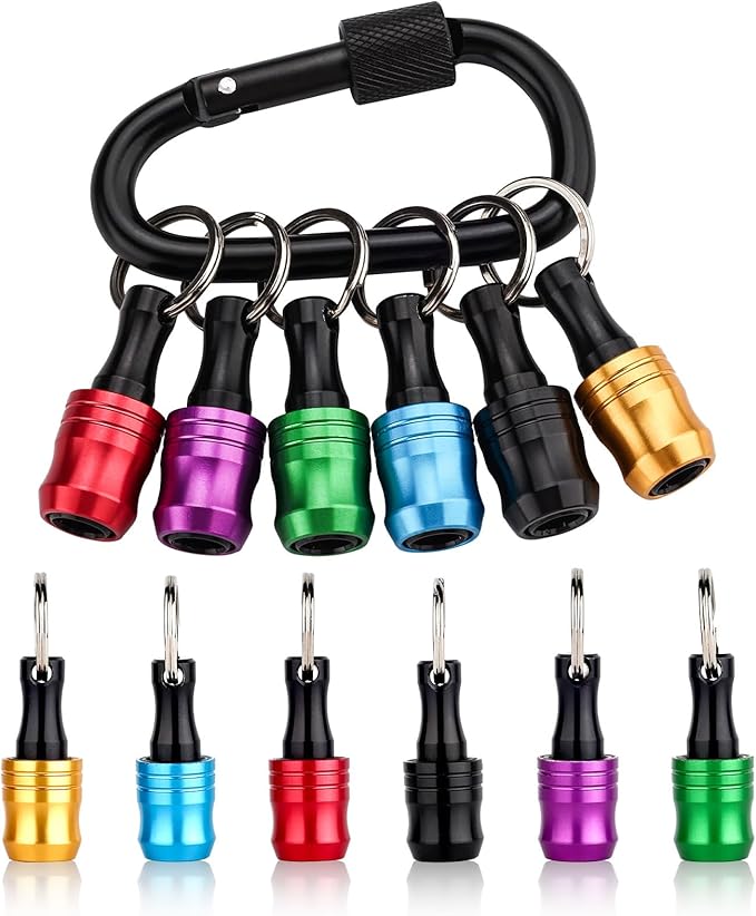 katerk 6pcs Bit Holder with Carabiner Socket for Mens Gift, 1/4 inch Hex Shank Aluminum Alloy Screwdriver Bit Holders, Quick Release Easy Change Impact Driver Drill Bit Keychain Extension (Classic)