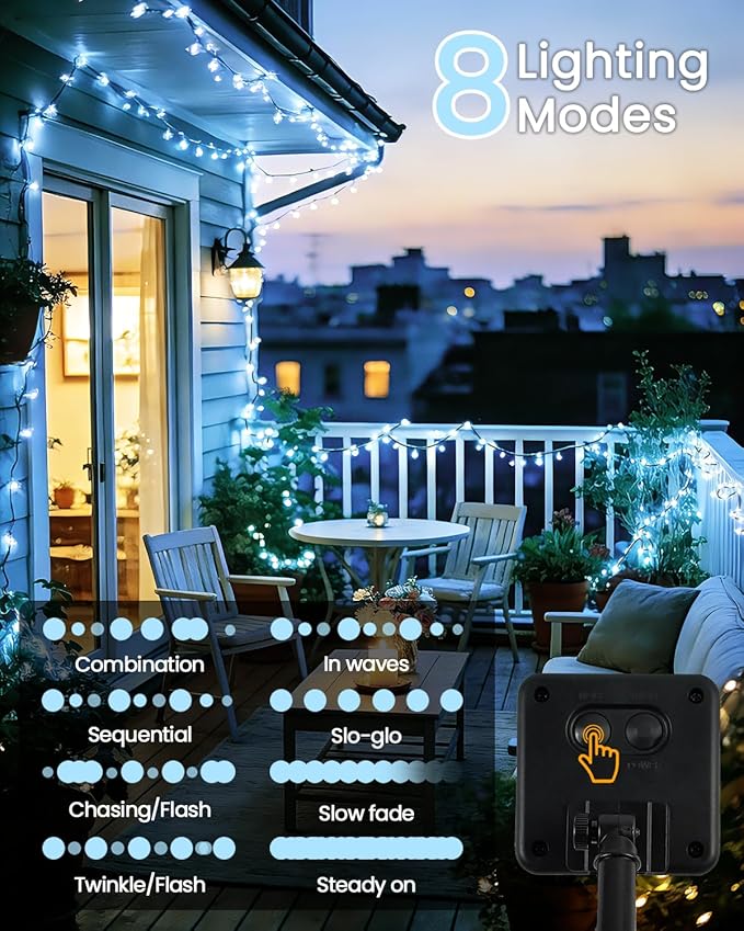 OZS 2PK 240LED Solar Sring Lights Outdoor Waterproof, Solar Christmas Lights for Outside, Green Wire Tree Electric Holiday Light with 8 Lighting Modes for Christmas Decorations(Cool White)