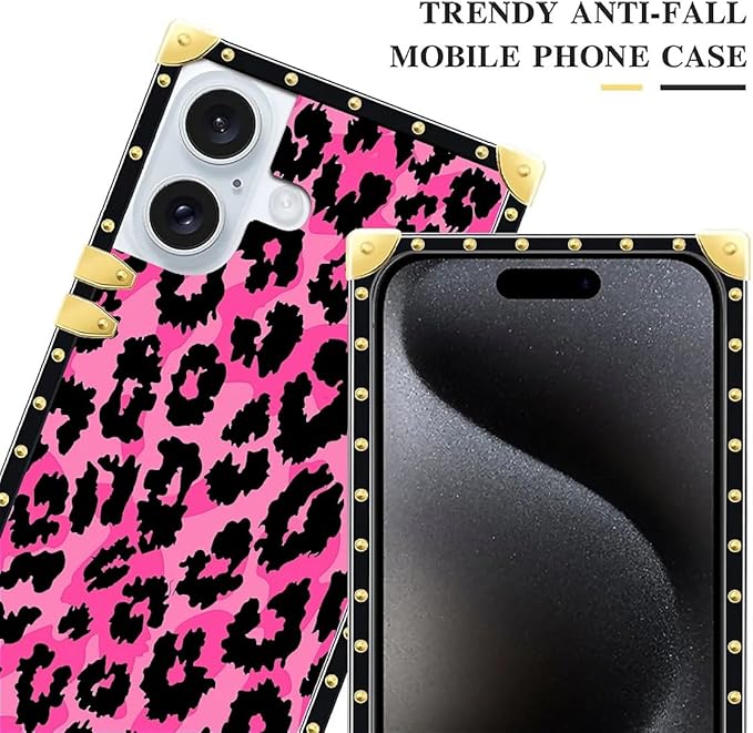 Compatible with iPhone 16 Case, Pink Black Leopard Luxury Golden Decoration for Girl Women Soft TPU Shockproof Protective Hard PC Back