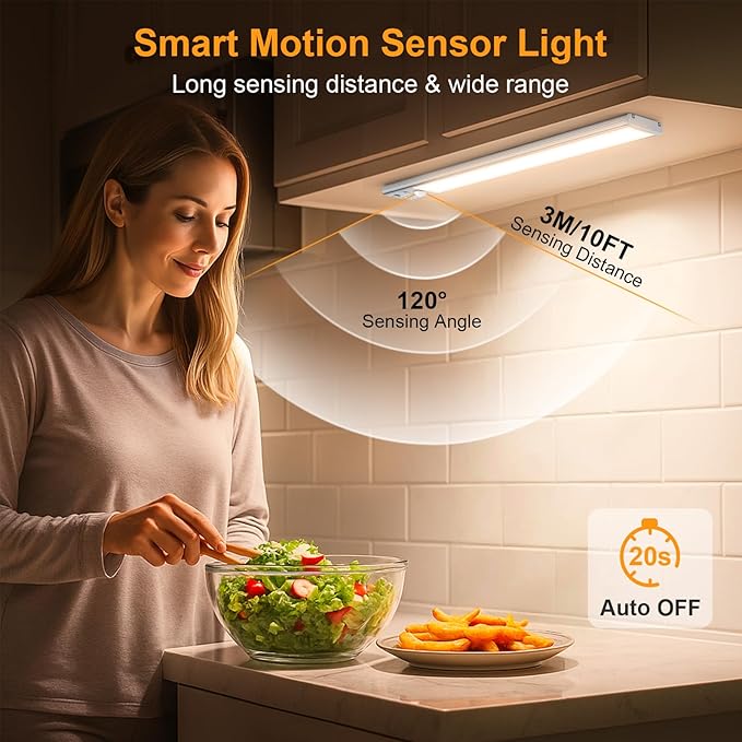 Gritin 10.2inch Under Cabinet Lighting Rechargeable 2 Pack- 3 Color Temps&5 Level Brightness, Super Bright, 4 Modes, Motion Sensor, Long Lasting - Easy Installation Magnetic Under Closet Lights