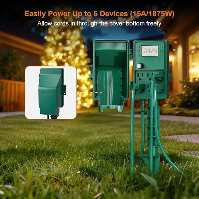 SURAIELEC Outdoor Power Stake, 7-Day Programmable Digital Timer, Power Strip Weatherproof, 6 Multi Plug Electrical Outlet Waterproof, 6 ft Extension Cord, for Outside Yard Light, Christmas Decorations