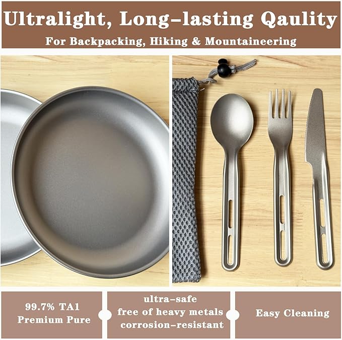7.5Inch Titanium Plate With Knife Fork Spoon Set Of 4 - Ultralight For Backpacking, Hiking, Travel Dinnerware Easy Clean Compact