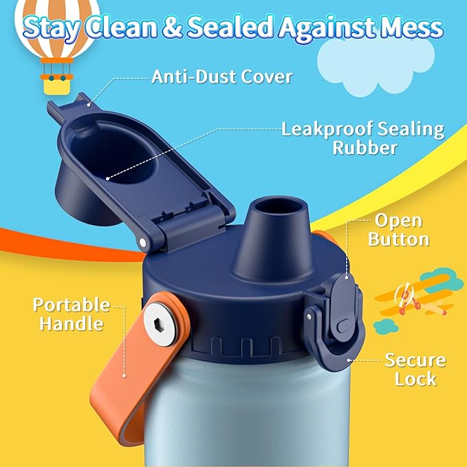 baab 18oz Kids Water Bottle, Insulated Kids Water Bottle with Lockable Spout Lid & Stickers, 18/8 Stainless Steel Vacuum Leakproof Kid Water Cup with Handle for Boy & School (Light Blue+Navy Blue)