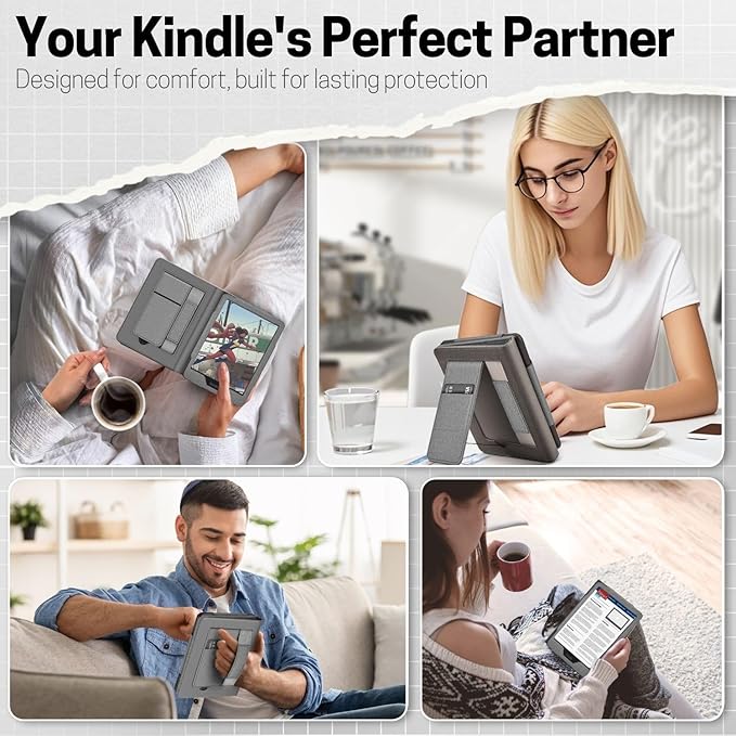 TNP Stand Case with Strap for Kindle Paperwhite 12th Gen 2024 / Kindle Colorsoft Signature Edition - 7" PU Leather Protective Folio Cover with Auto Wake/Sleep & Card Slot, Gray