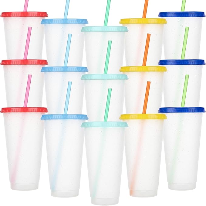 15-Count Bulk Plastic Tumblers with Snap Lids, 24oz Commercial-Grade Coffee Cups, Durable Reusable Drinkware for Restaurant, Office Use & Outdoor Events(Stylish Color)