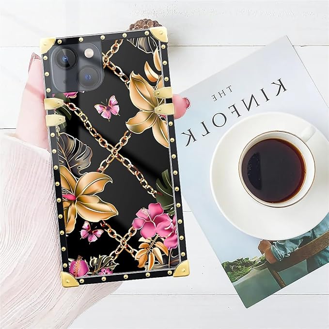 Compatible with iPhone 15 Case, Pink Golden Chain Tropical Flower Luxury Golden Decoration for Girl Women Soft TPU Shockproof Protective Hard PC Back for iPhone 15