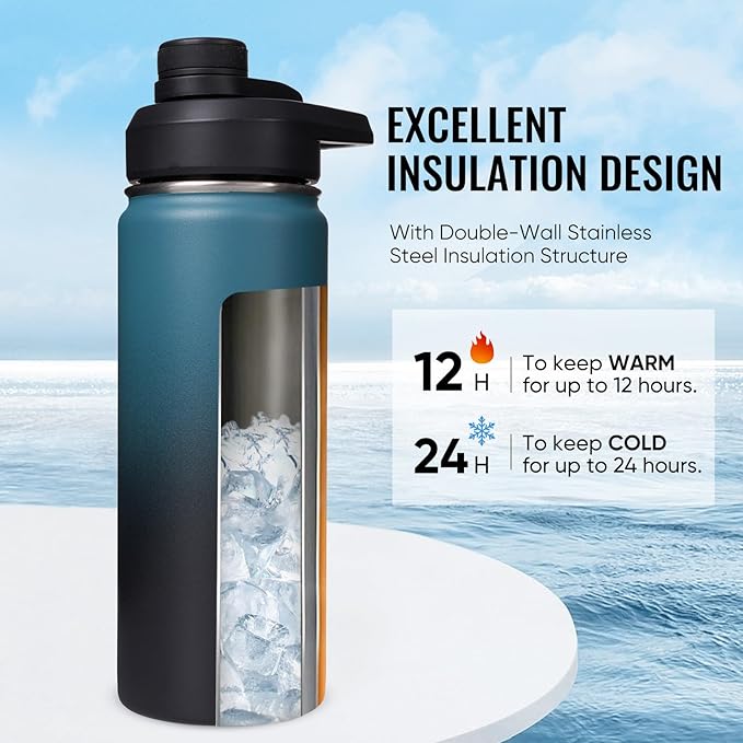 Fijinhom 18 oz Insulated Water Bottle with Handle, 304 Stainless Steel Water Bottles with Wide Mouth, Double Wall Vacuum Sports Water Bottle, BPA Free, Keep Cold and Hot, Blue&Black