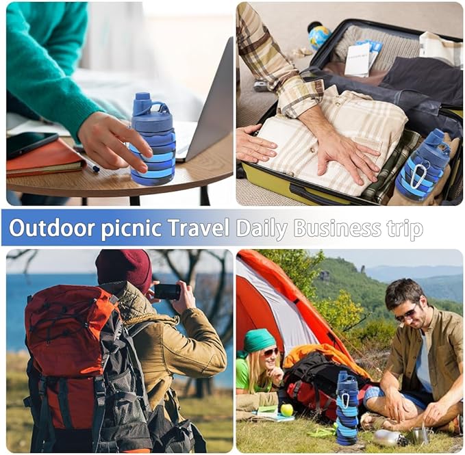 Silicone Collapsible Water Bottles, 16oz（500ml） Portable Foldable Expandable Water Bottle Sports Cups, Leak Proof Reusable BPA Free, for Outdoor Activities (Blue)