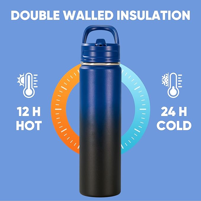 Fijinhom 24oz Insulated Stainless Steel Water Bottle with Straws, Double Wall Vacuum Insulated Bottles, Metal Thermo for Travel, Sports, Leak-Proof, BPA Free, Women & Men, Blue Gradient