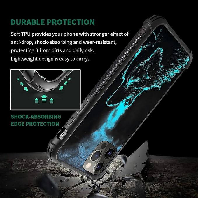 for iPhone 11 Pro Max Case, Blue Breathing Wolf Pattern Graphic Design Girl Boy Soft Silicone Hard Acrylic Shock Protection for iPhone 11 Pro Max