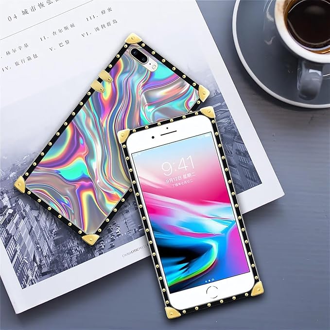 Compatible with iPhone 8 Plus 7 Plus Case, Holographic Abstract Iridescent Textures Luxury Golden Decoration for Girl Women Soft TPU Shockproof Protective Hard PC Back