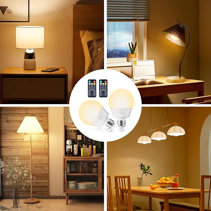 Rechargeable Light Bulb with Remote and Timer for Sconce and Lamp, Battery Backup Night Light, E26 Detachable Charging, Magnetic Base, 3 Lighting Colors, Dimmer, 7W, Lanyard Included, 4 Pack